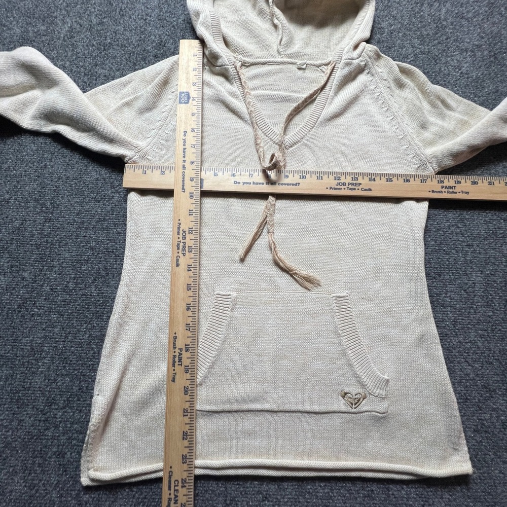Roxy Womens Knit Hoodie Sweater Beige V-Neck Tassel Kangaroo Pocket Small - Picture 3 of 6